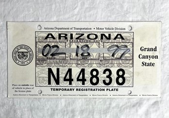 Vintage Grand Canyon Arizona Temporary Registration Plate