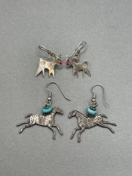 Two Pairs Of Silver Earrings, Horses And Deer