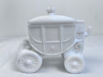Vintage Milk Glass Covered Carraige Container.
