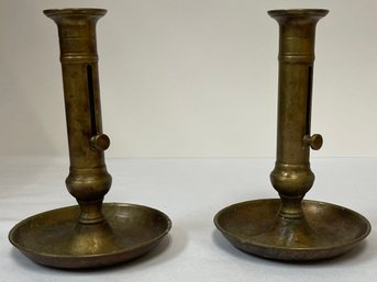 Set Of 2 Vintage Brass Adjustable Candle Sticks.