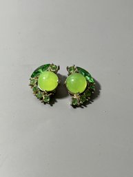 Vintage Green Rhinestone Clip Earrings