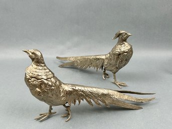 Pair Of Vintage Silver Tone Metal Pheasants