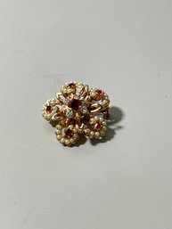 Goldtone Faux Pearl And Red Rhinestone Brooch