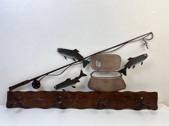 Fly Fishermans Metal Wall Coat Rack, With Trout And Fly Fishing Pole  *Local Pickup Only*