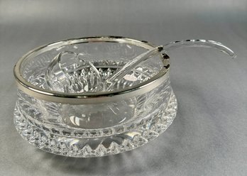 Cut Crystal Bowl With Silverplate Rim- 6.25 Inch Round And Glass Ladel -Local Pickup Only