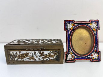 Italian Small Micro Mosaic Floral Frame And A Enamelled Chinese Brass Stamp Box