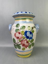 Large Hand Painted Italian Floral Double Handled Vase