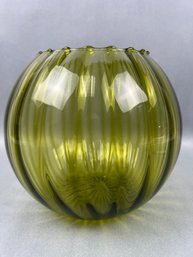 Vintage MCM Avocado Art Glass Round Vase.