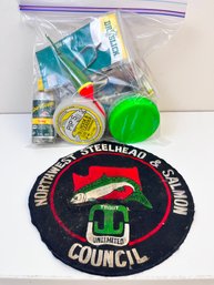 Lot Of Fishing Supplies And A Trout Council Patch.