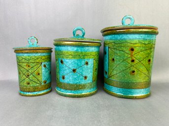 Three MCM Italian Green And Blue Canisters