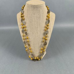 Gold Bead And Silver Tone Filagree Necklace