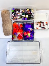 Lot Of Fly Tying Supplies, Flys, And A Storage Box.