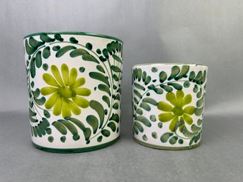 Pair Of Green Ceramic Floral Italian Canisters