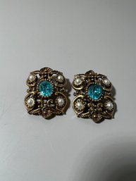 Goldtone With Blue Stone Chunky Earrings