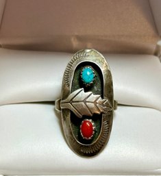 Southwest Sterling Silver Ring With Turquoise And Coral Accents