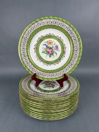 Twelve Coalport Green Gold Floral Dinner Plates