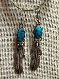 Pair Of Southwest Sterling And Turquoise Drop Pierced Earrings