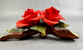 2 Ceramic Roses On A Ceramic Log -Italy -local Pickup-fragile
