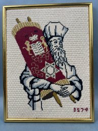 Needlepoint Of A Rabbi With Scrolls.