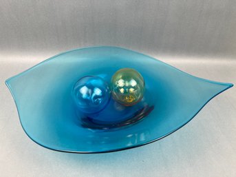 Vintage MCM Blue Glass Elongated Decorative Bowl With 2 Glass Balls.