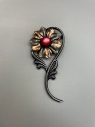 Large Silver Floral Pin With Red Center Accent - Possibly Kreisler