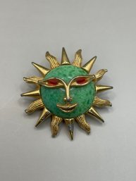 Gold Tone Sun Brooch W/red And Green Stone Accent - Boucher