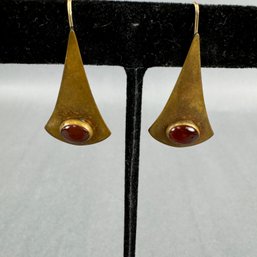 Metal Pierced Earrings With Red Stone
