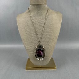 Silver Tone Chain With Large Purple Stone Pendant