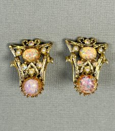 Pair Of Hollycraft Vintage Gold Tone And Pink Rhinestone Clip Earrings