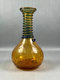 Blenko Amber & Cobalt Blue Swirl Neck Crackle Vase