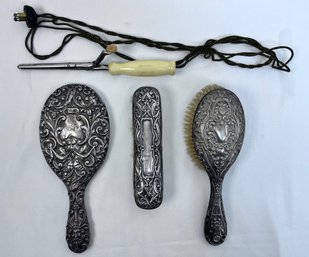 Antique Sterling Silver Hair Care Set, Mirror, 2 Brushes, Curling Iron.