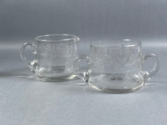 Vintage Clear Etched Glass Creamer & Sugar