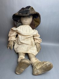 Vintage Handmade  Fabric Doll With Embroidered Features