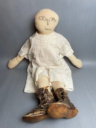 Vintage Handmade Doll With Authentic Childs Shoes