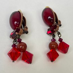 Thelma Paris Ruby Red Bejeweled Clip On Earrings