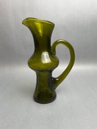 Vintage Olive Green Crackle Glass Small Pitcher