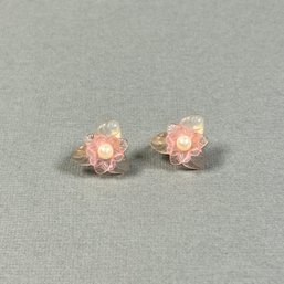 Vintage Pale Pink Acrylic Flower & Faux Pearl Clip Earrings