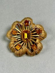 Vintage Coro Large Gold Floral Brooch With Gold Rhinestones