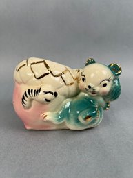 Whimsical 1950s Squirrel Planter With Gold Trim.