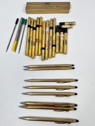 8 Cross Gold Filled Pens Or Pencils, Ink And Lead Refills And A Box.