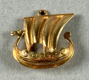 14k Yellow Gold Viking Ship Charm - Marked Denmark
