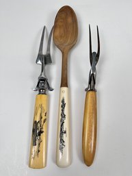 Vintage Scrimshaw Carved Spoon And Serving Fork Along With A Bone Handled Serving Fork.