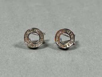 18K White Gold And Diamond Baguette Circle Pierced Earrings