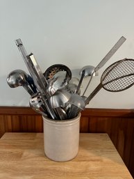 Crock With Lot Of Utensils