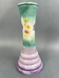 Hand Painted Floral Themed Milk Glass Vase.