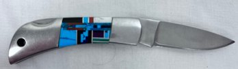 Southwest Style Inlaid Turquoise, Jade And Coral Folding Knife.