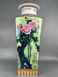 Large Chinese Green Floral Square Vase