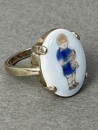 Vintage Sterling Silver Ring With Enamel Boy & Dog