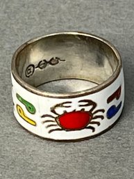 Vintage Sterling Silver Enamel Ring Pisces Crab 6.5 Size