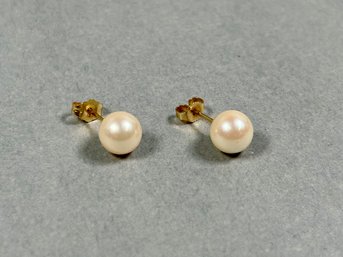 14K Yellow Gold & Pearl Stud Earrings